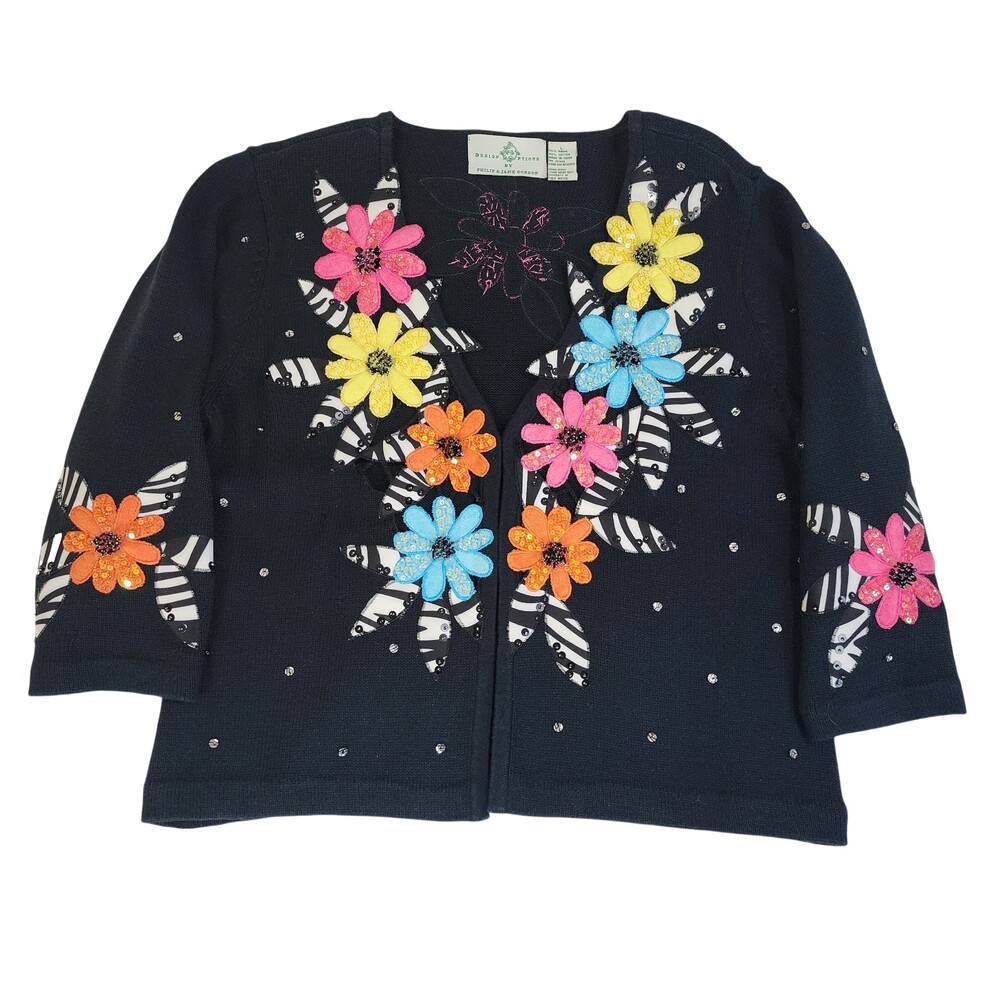 Vntg Design Options L Philip Jane Gordon Daisy Floral 3D Sweater Cardigan #1989